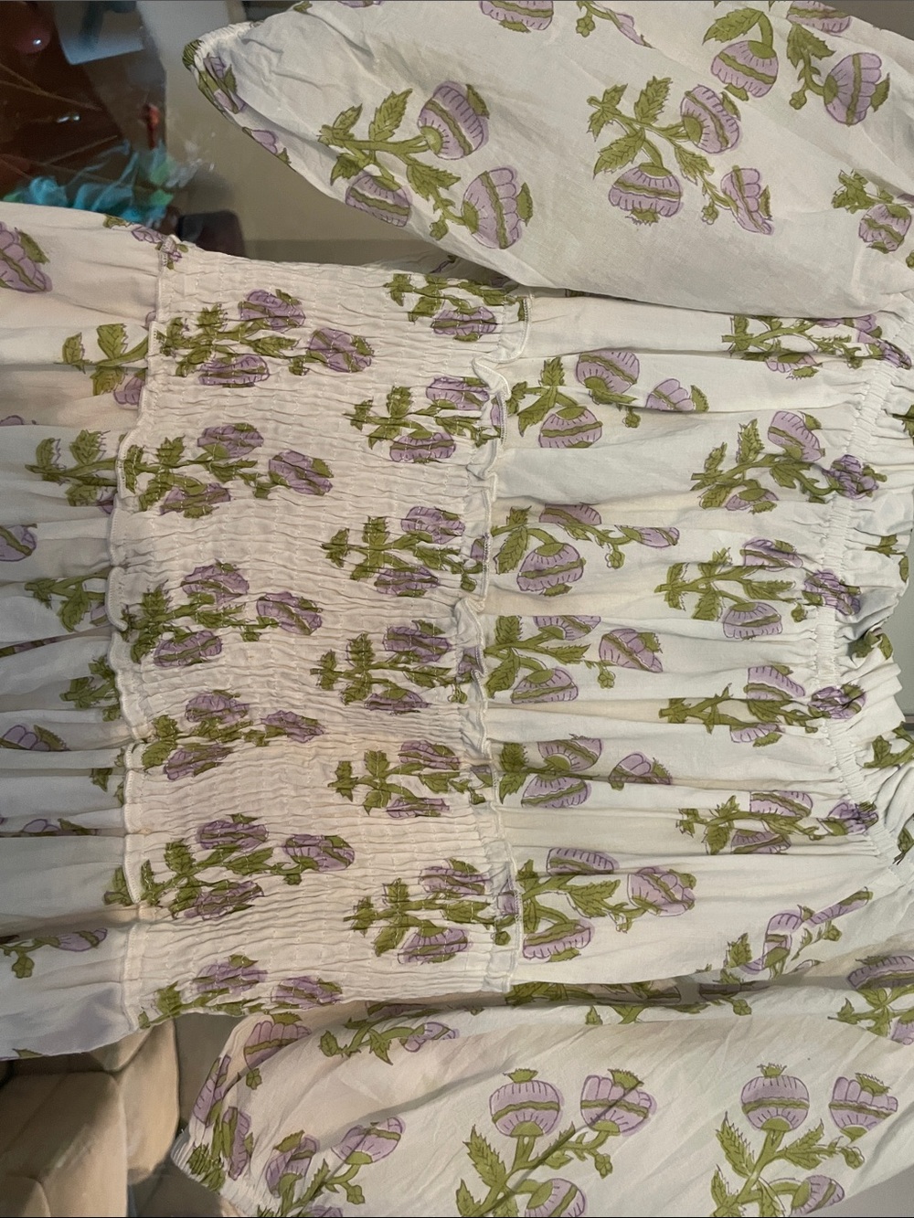 White Floral Puff-Sleeve Maxi Dress with Smocked Bodice - Picture 3 of 4